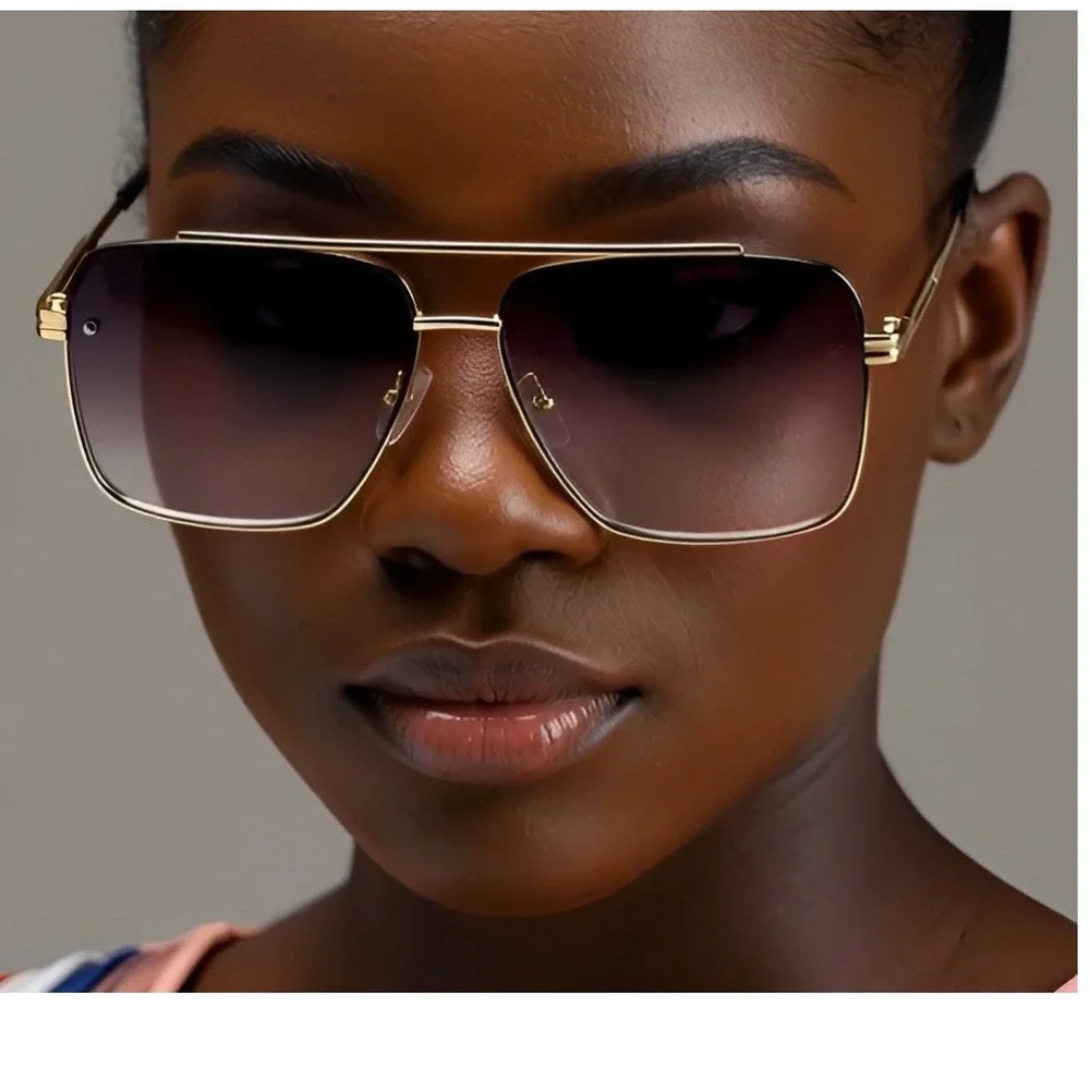 Gold Square Aviator Sunglasses Gradient Brown Lenses Women Luxury‎ Style Female